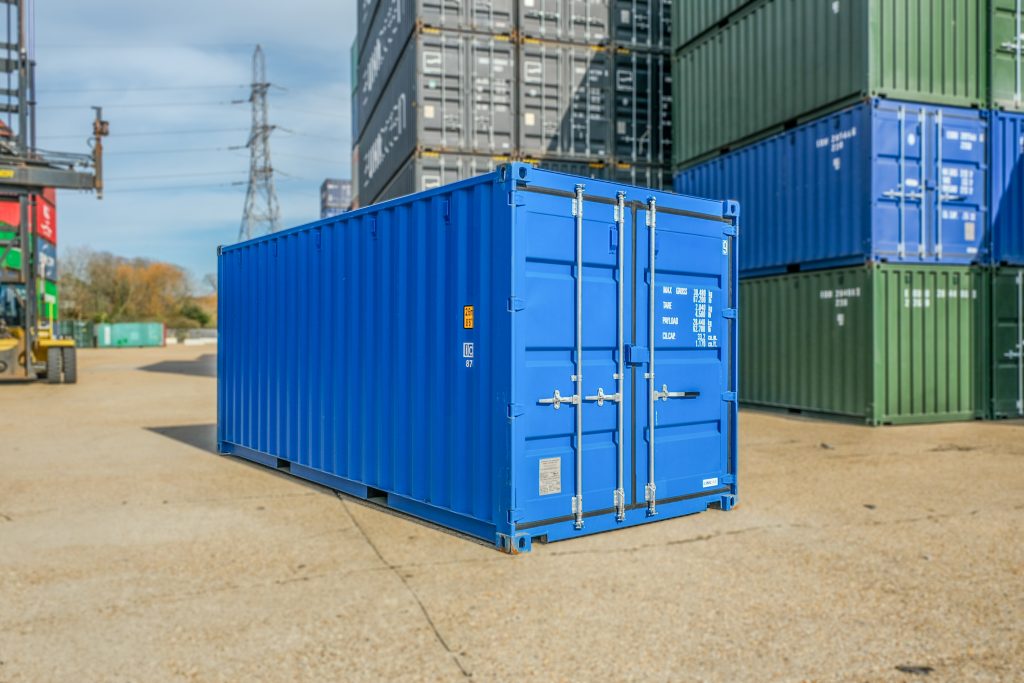 20ft Blue Shipping Container in a container yard.